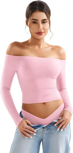 Vista 20 de YEOREO Sophie - Camisetas básicas de manga larga con hombros descubiertos para mujer, con doble forro, para salir Y2K Negro