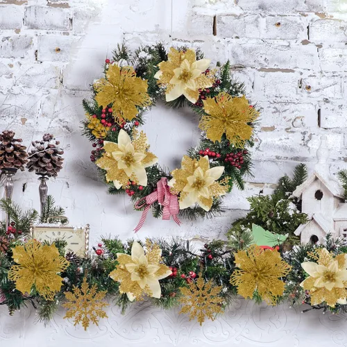 Vista 3 de RECUTMS 60 PCS Flores Artificiales de Nochebuena para Decoración del Árbol de Navidad Juego con Clip, 18 Flores de Nochebuena con 12 Tallos de Bayas