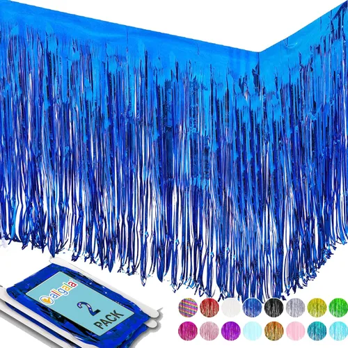 Vista 15 de allgala Faldones de mesa de oropel negro, paquete de 2 faldas de mesa de 29 x 108 pulgadas con flecos metálicos para fiestas, eventos, desfiles