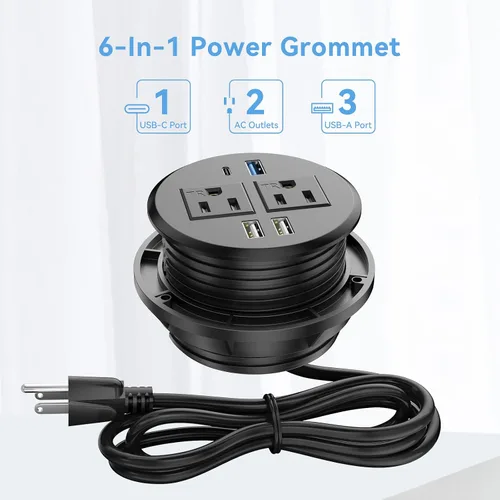Vista 2 de BTU Ojal de alimentación de escritorio con PD de 20 W USB C de carga rápida, enchufe de alimentación empotrado con 2 salidas de CA, regleta