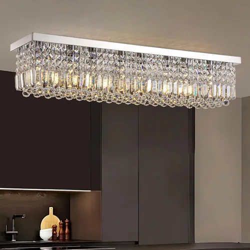 Vista 21 de Candelabros Modernos de Cristal para Lámpara de Comedor, Candelabro de Techo Rectangular Dorado de 6 Luces para Isla de Cocina y Sala de Estar