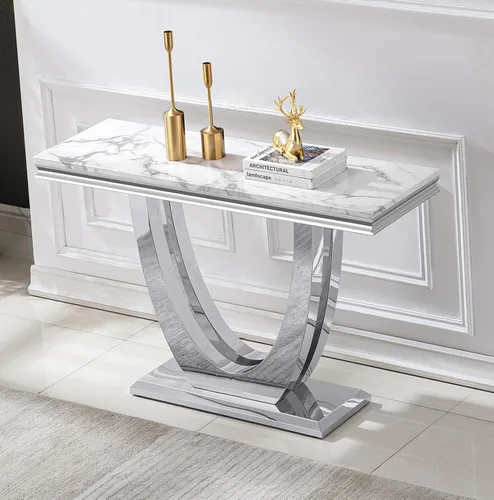 Vista 10 de Mesa auxiliar de mármol de 47 pulgadas, moderna mesa central de mármol sintético blanco con base de espejo dorado en forma de diamante, mesa Blanco