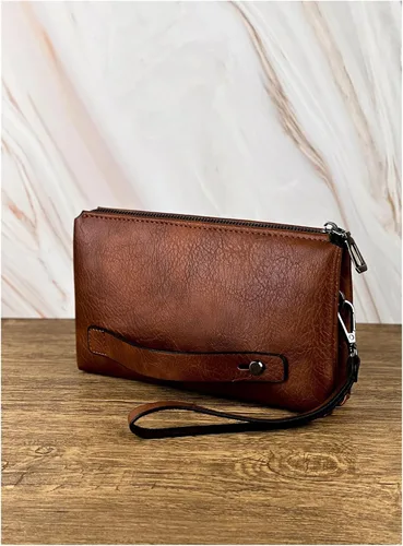 Vista 2 de Bolso de mano retro para hombre, cartera de negocios, gran capacidad, doble compartimento, cremallera