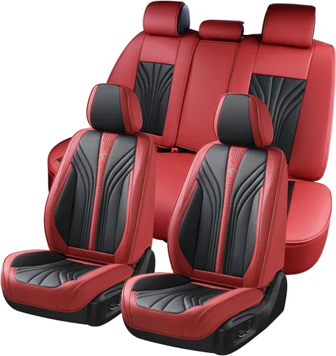 Vista 23 de FLORICH Juego completo de fundas para asiento de coche, fundas de asiento de cuero, fundas universales de lujo para 5 asientos en color negro