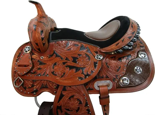 Vista 3 de Western Saddle Barril Racing Caballo Placer Floral Tooled Gator Asiento de cuero Sillines Trail Tack Set 15 16 17 18