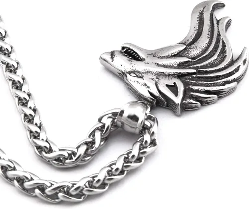 Vista 3 de Colgante de lobo Fenrir vikingo, regalo para hombres y mujeres, cadena de acero inoxidable, amuleto de plata potente talismán