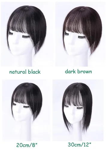 Vista 5 de LXUE Piezas de cabello realistas con flequillo, cabello humano real con clip para mujeres con pérdida de cabello, 8 pulgadas, marrón oscuro