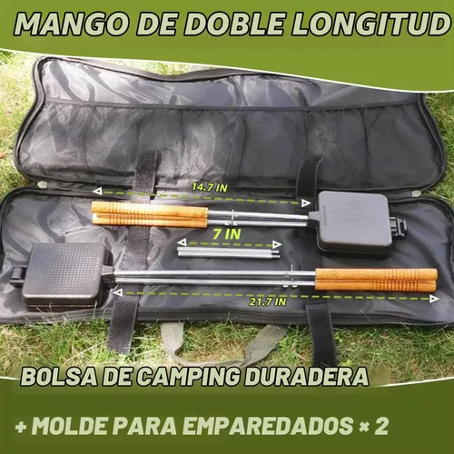 Vista 5 de Campfire Pie Iron - Sandwichera grande de hierro fundido de 4.9 pulgadas para camping, 2 piezas con bolsa de almacenamiento, asas ajustables de 21.7