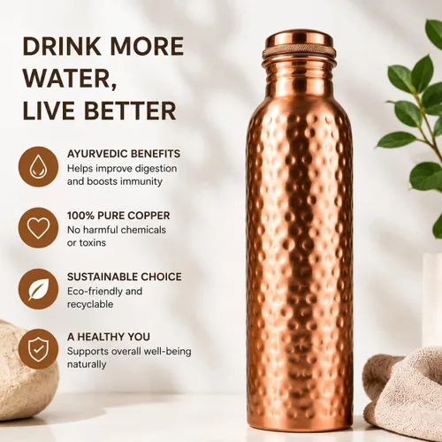 Vista 2 de Botella de agua de cobre puro de 34 onzas, botella de agua potable martillada, botella reutilizable de estilo ayurvédico para el hogar, gimnasio