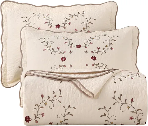 Vista 8 de vctops Elegante juego de edredón bordado floral, 100% algodón, reversible, acolchado, con borde festoneado, colcha suave y ligera con 2 fundas