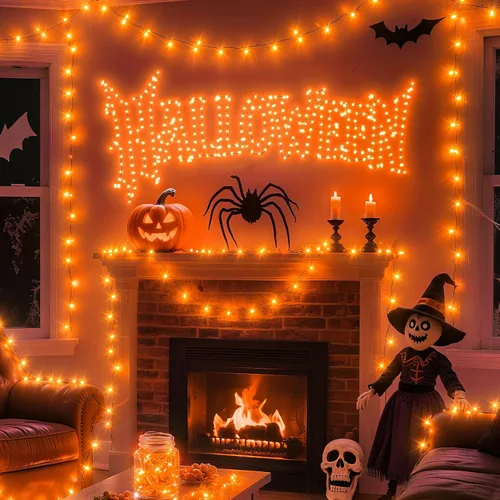 Vista 8 de Guirnalda de luces naranjas de Halloween, funciona con pilas, 7.2 pies, 20 luces LED, alambre de cobre plateado para Halloween, Navidad, decoración