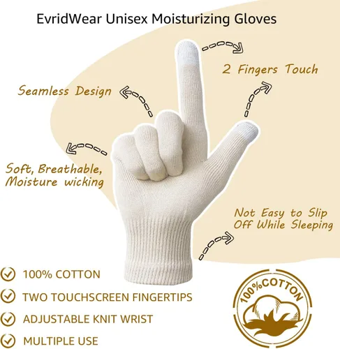 Vista 4 de Evridwear Guantes de algodón hidratantes unisex con puntas de dedos táctiles para eczema, cosmética, manos secas, terapia para piel sensible e