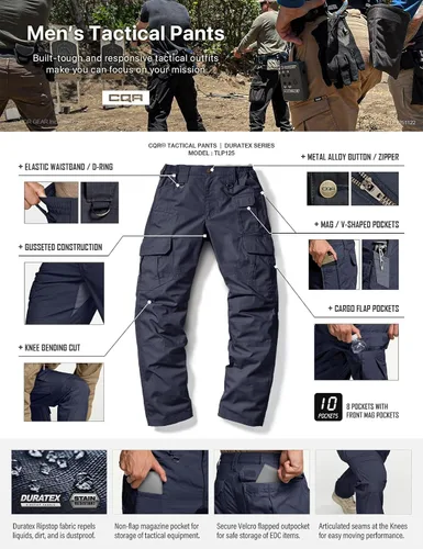 Vista 4 de CQR Pantalones tácticos para hombre, resistentes al agua, pantalones cargo Ripstop, ligeros EDC trabajo, senderismo, ropa para exteriores