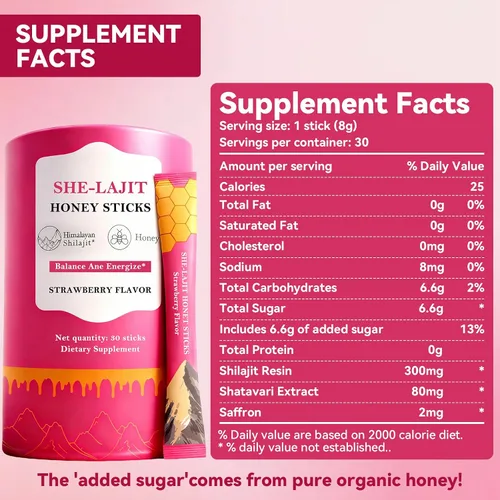 Vista 2 de Palitos de miel Shilajit para mujer, energía natural y potenciador de vitalidad con shatavari y azafrán, palitos de miel de fresa para equilibrio
