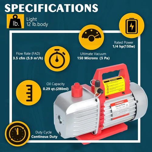 Vista 3 de bomba de vacío HVAC de una sola etapa, 3.5CFM - Ideal para herramientas de reparación de aire acondicionado, bomba de vacío de aire acondicionado