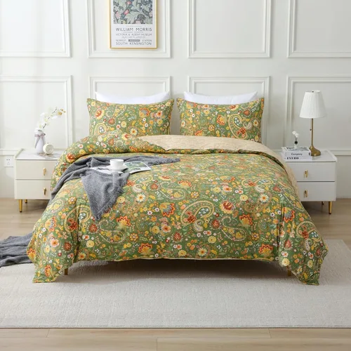 Vista 13 de ABREEZE Juego de ropa de cama de 3 piezas, estilo bohemio, retro, étnico, vintage, floral, ropa de cama bohemia, 100% algodón cepillado, damasco