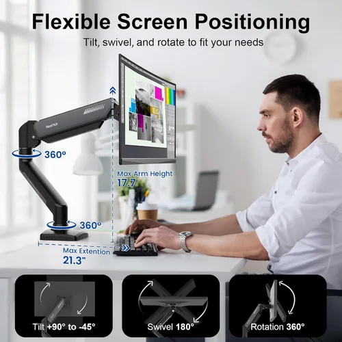 Vista 3 de NearHub Brazo de montaje para monitor único para pantallas de 13-32" hasta 22 libras VESA 75x75/100x100 Base de abrazadera/ojal Organización