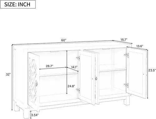 Vista 2 de Aparador de gran espacio de almacenamiento con asas de anillo de tracción y estantes ajustables, gabinete de buffet de 4 puertas versátil para sala