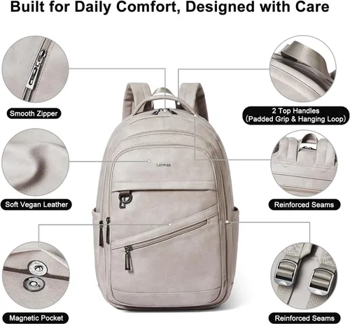 Vista 6 de LATMAP Mochila de 43L para mujeres y hombres - Mochila de cuero vegano, bolsa de viaje, maleta de mano, mochila universitaria, para trabajo