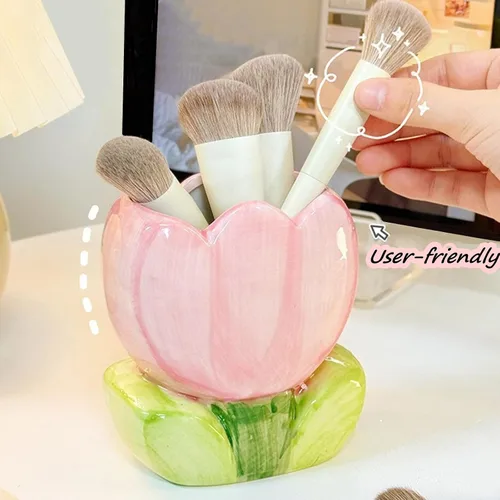 Vista 4 de TANG SONG Soporte para brochas de maquillaje de tulipanes de cerámica, caja de almacenamiento de cosméticos de flores, soporte para bolígrafos y Rosa