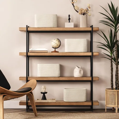Vista 6 de Paquete de 4 cestas de almacenamiento para organizar, cestas tejidas para estantes, color beige