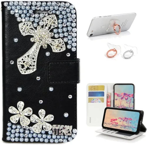 Vista 9 de Bling - Funda tipo cartera compatible con iPod Touch 5 y iPod Touch 6, elegante funda de piel con diseño de lazo hecho a mano en 3D con soporte