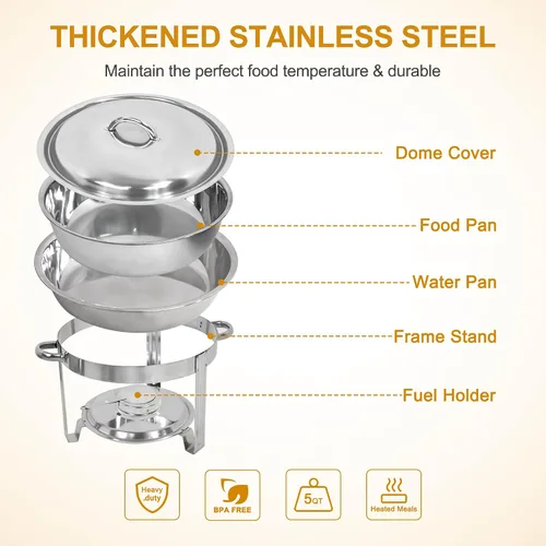 Vista 3 de Nova Microdermabrasion Juego de 6 platos de bufé de acero inoxidable de 5 cuartos de galón, calentadores de alimentos para catering, fiestas