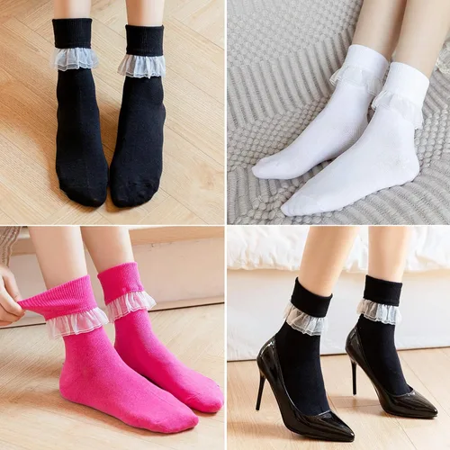 Vista 4 de SRYL YYS09 - Calcetines de tobillo para mujer, con encaje, con volantes, cómodos, de algodón, para mujer, niña, princesa