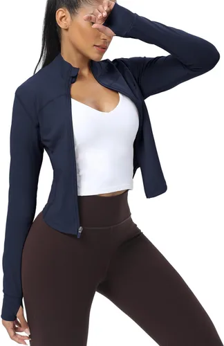 Vista 14 de AVGO Chaquetas de entrenamiento recortadas para mujer, con cremallera, ajustadas, atléticas, con agujeros para el pulgar