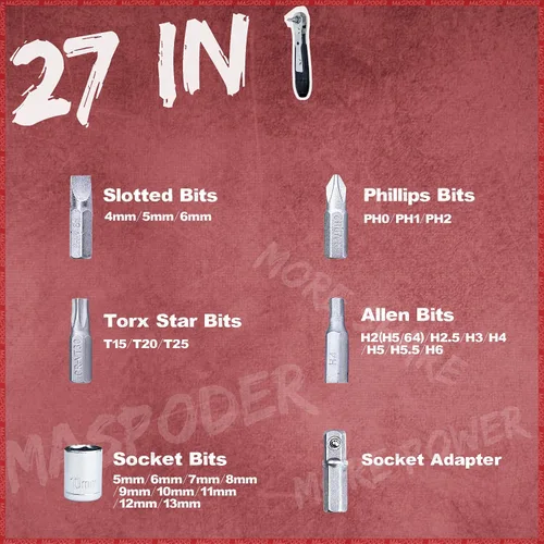 Vista 3 de Kit de herramientas para bicicleta, kit de reparación de bicicleta con mini llave de trinquete con llave de 26 brocas, llave de radios, parches