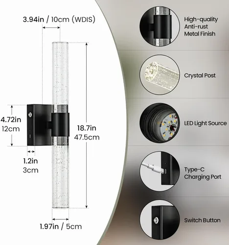 Vista 2 de Juego de 2 apliques de pared inalámbricos que funcionan con pilas, juego de 2 apliques de pared negros recargables con control remoto, lámpara LED
