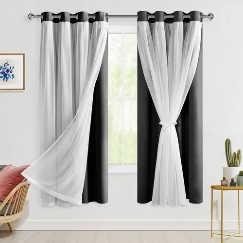 Vista 69 de Hiasan Cortinas opacas con superposición transparente, aislamiento térmico para mezclar y combinar de doble capa, cortinas de oscurecimiento de Beige