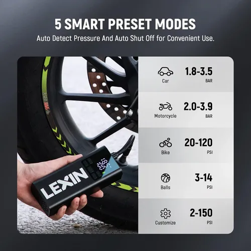 Vista 6 de LEXIN 2 unids b4fm 10 jinetes motocicleta Bluetooth auriculares P5 inflador de neumáticos portátil compresor de aire paquete