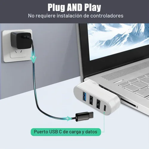 Vista 6 de VIENON Hub USB 3.0 de 4 puertos [90/180 giratorio], divisor USB con 3 puertos USB y 1 puerto USB C de alimentación/datos, extensor USB