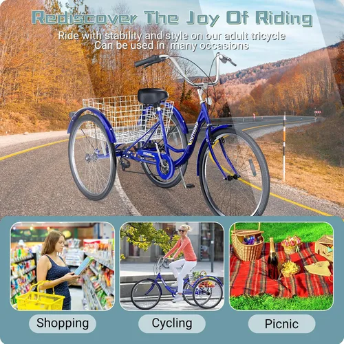 Vista 5 de Triciclo para adultos de 7 velocidades, bicicleta de 3 ruedas de 26 pulgadas con cesta grande para mujeres, hombres y personas mayores, triciclo