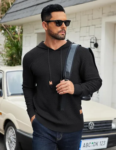 Vista 28 de COOFANDY Sudadera con capucha para hombre, casual, de manga larga, con cordón, de punto gofre, ajustada