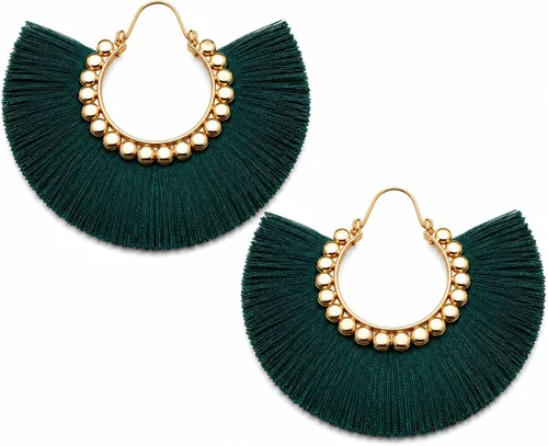 Vista 41 de Aretes de aro con borla, aretes colgantes de hilo de declaración, elegantes aretes largos con flecos, ligeros, largos y con gancho francés, para un