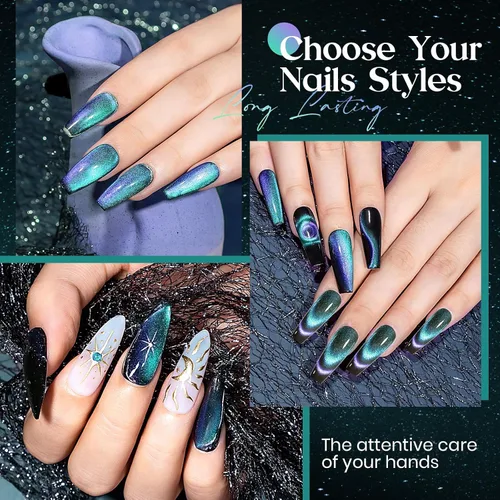 Vista 5 de MIZHSE Chameleon - Esmalte de gel 9D de ojo de gato, 0.3 onzas líquidas, gel magnético holográfico de ojo de gato, galaxia holográfica, juego de 9D