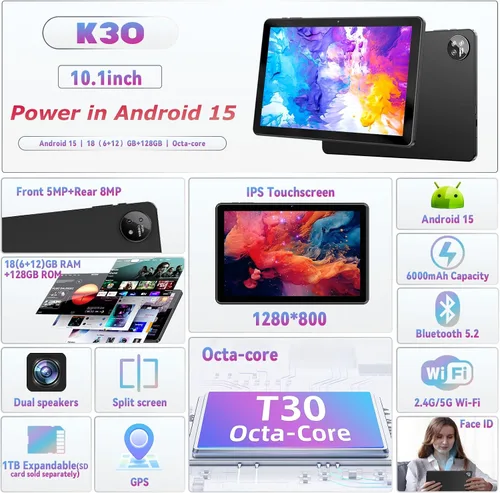Vista 2 de Tablet de 10 pulgadas, tabletas Android 15 con funda, 18 GB+128 GB, expansión de 1 TB, tableta Octa-Core Widevine L1 compatible con WiFi 5, 6000
