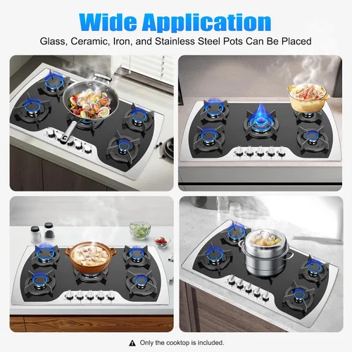 Vista 9 de Cocina de gas de 35 pulgadas, estufa de gas integrada de acero inoxidable, 5 quemadores con control de interruptor independiente, cocina de gas