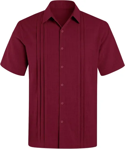 Vista 4 de Guayabera - Camisas de lino de algodón cubano de manga corta con botones estilo casual cuello para la playa