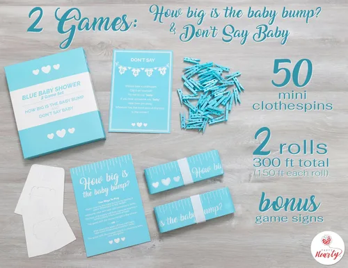 Vista 2 de Party Hearty Juegos Divertidos de Baby Shower para Niño, Juego de 2: ¿Qué Tan Grande Está la Pancita? y No Digas Bebé, Azul Juego de 2