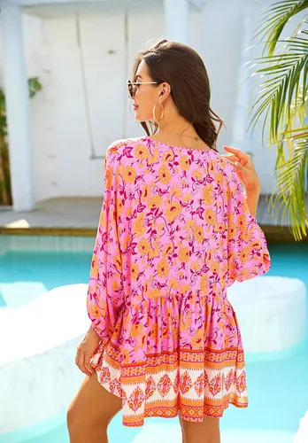 Vista 5 de Blusa bohemia con cuello en V y mangas 34 para mujer, ajuste relajado, blusa con estampado casual