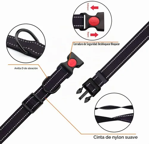 Vista 2 de Juego de collar y correa reflectante para perro con hebilla de bloqueo de seguridad, collares de nailon para mascotas ajustables para perros Negro