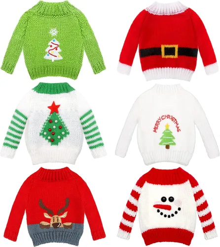 Vista 9 de Chalyna 6 piezas de ropa de muñeca de Navidad, accesorios de Navidad, suéter pequeño, ropa de punto, accesorio de Navidad, accesorios de ropa
