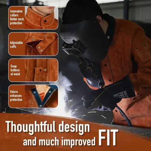 Vista 4 de QeeLink Chaqueta de Soldadura de Cuero - Chaquetas de Soldador de Trabajo Resistente a las Llamas y de Servicio Pesado - Chaqueta de Soldadura