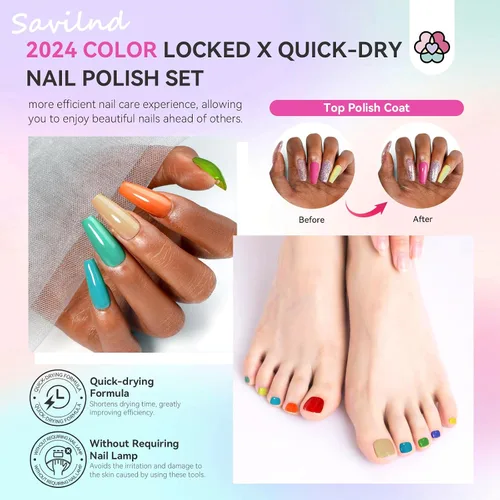 Vista 4 de SAVILAND Juego de esmalte de uñas secado al aire: 36+3 colores kit de esmalte de uñas rojo rosa azul purpurina esmalte de uñas regular con capa base