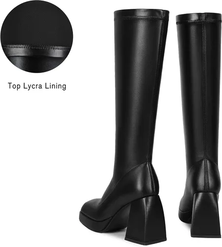 Vista 3 de DOBOYG Botas altas hasta la rodilla para mujer, botas de plataforma, tacón grueso de bloque elástico, punta cuadrada, botas altas de charol