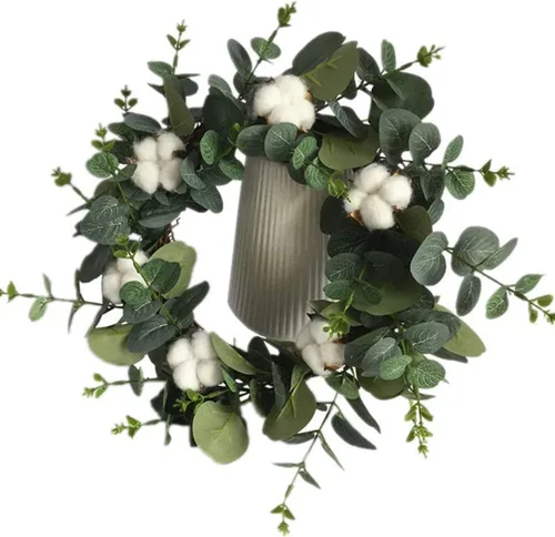 Vista 2 de Corona de eucalipto de algodón con hojas verdes, corona de puerta delantera, planta colgante artificial para boda, hogar, decoración de puerta