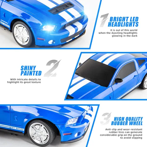 Vista 2 de BDTCTK Control remoto 1/24 Ford Mustang Shelby GT500 RC Model Car, juguetes para niños y adultos mayores de 6 años, azul